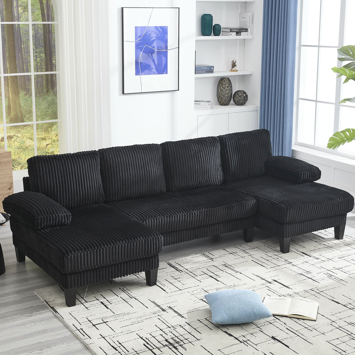 U-Shaped Sectional Sofa with Double Chaise, 4-Seat Velvet Living Room Sofa, Modular, Easy Assembly Black