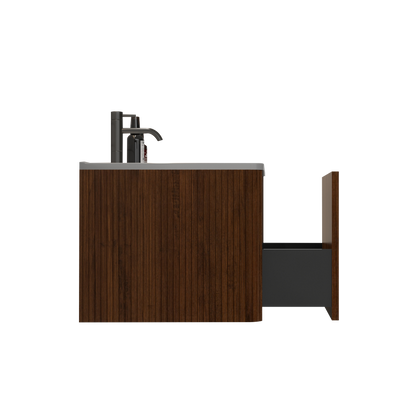 24" Modern Floating Bathroom Vanity with White Ceramic Sink and Striped Walnut Finish, Pre-Assembled Wall-Mounted Design