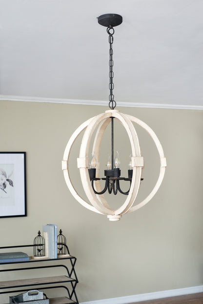 6-Light Pine Wood Chandelier with Adjustable Chain, Iron Accents for Kitchen and Dining Rooms White