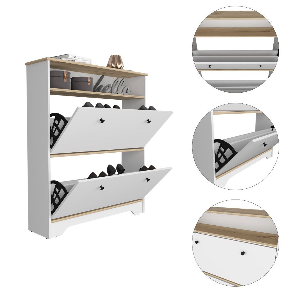 Light Oak and White 2-Tier Shoe Organizer with Two Shelves