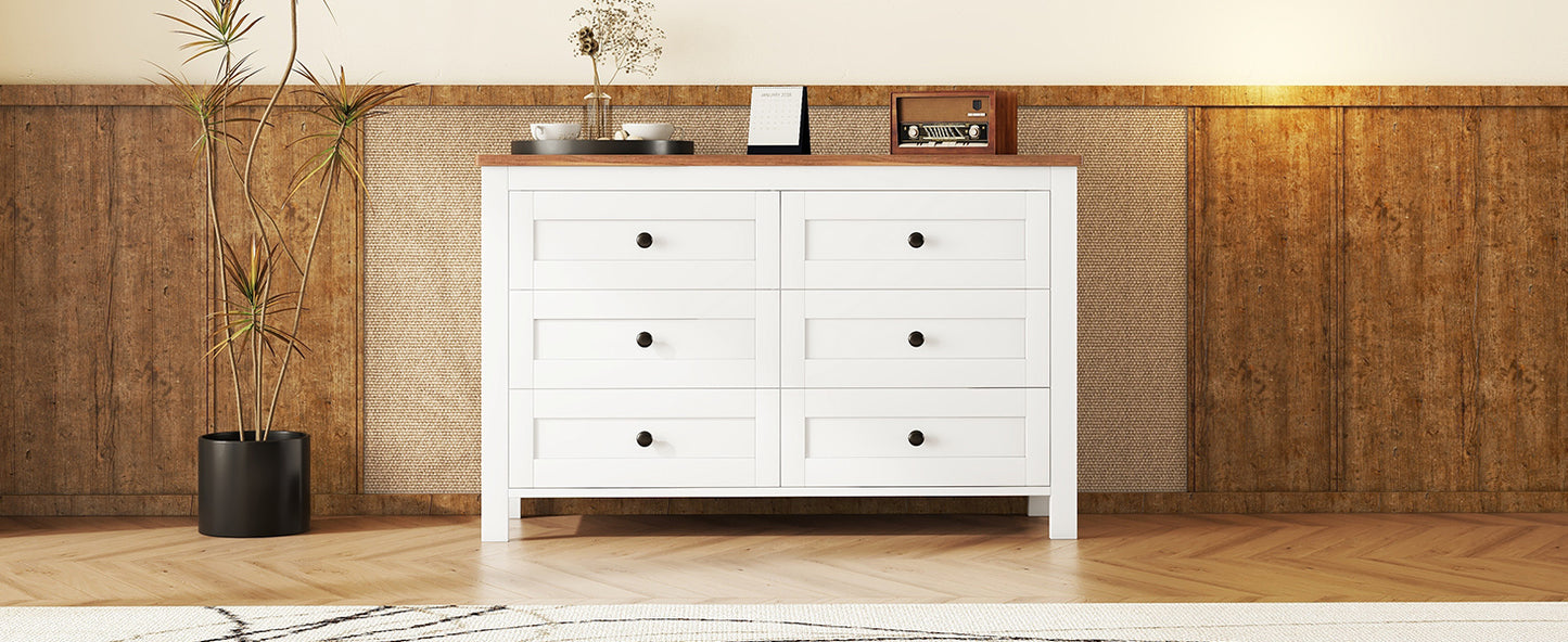 Chic Vintage-Inspired 6-Drawer Wooden Dresser with Rustic Charm for Bedroom - White & Brown