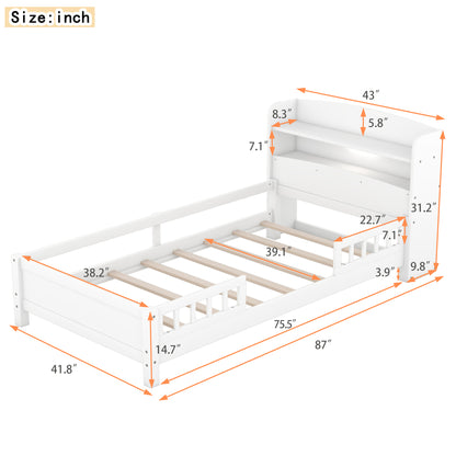 Elegant White Twin Platform Bed with LED Light, Storage Headboard, and Safety Guardrails