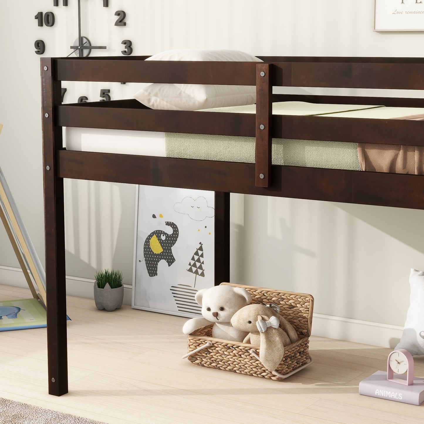 Espresso Rubber Wood Twin Loft Bed with Ladder and Enhanced Support Slats