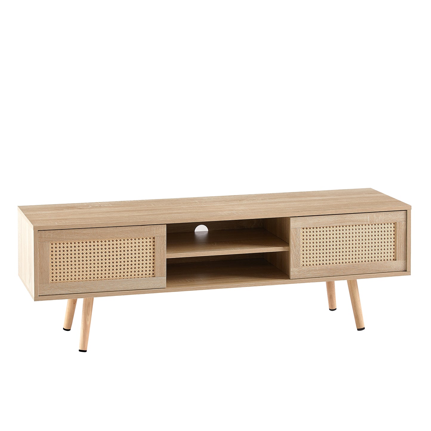 55-Inch TV Stand with Double Sliding Rattan Doors, Adjustable Shelf, MDF Body, Solid Wood Legs, Natural