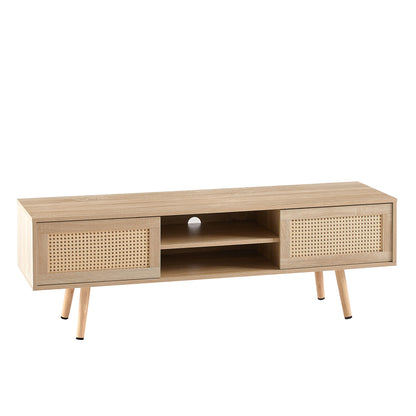 55-Inch TV Stand with Double Sliding Rattan Doors, Adjustable Shelf, MDF Body, Solid Wood Legs, Natural