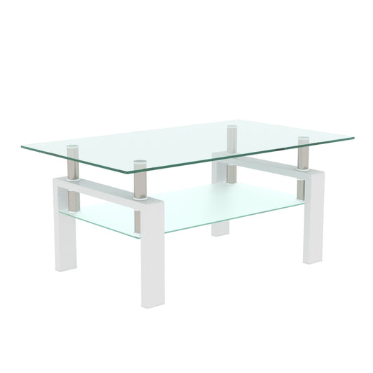 Rectangular Glass Coffee Table with 8mm Tempered Top and Storage Shelves, 39x24 in Iron Frame White