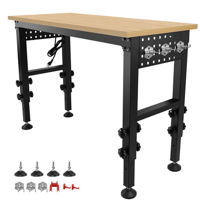 48" Versatile Adjustable Workbench with ETL Certified Power Outlets - Heavy-Duty Hardwood Table for Garage, Office, and Home Use