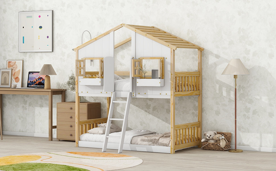 Twin House Bunk Bed for Kids with Roof, Windows, and Safety Features - Natural/White Finish