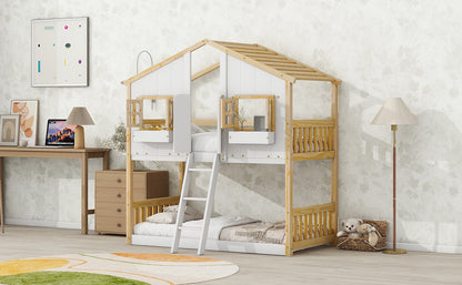 Twin House Bunk Bed for Kids with Roof, Windows, and Safety Features - Natural/White Finish