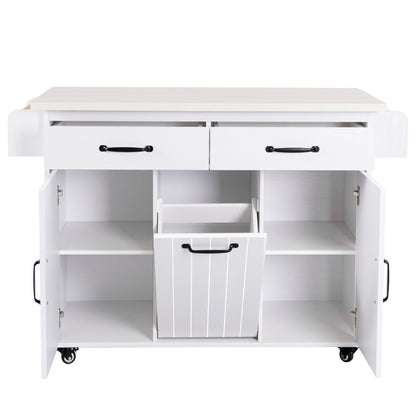 Rolling White Kitchen Island with Drop Leaf and Tilt-out Trash Can Storage, Spice Rack & Towel Rack