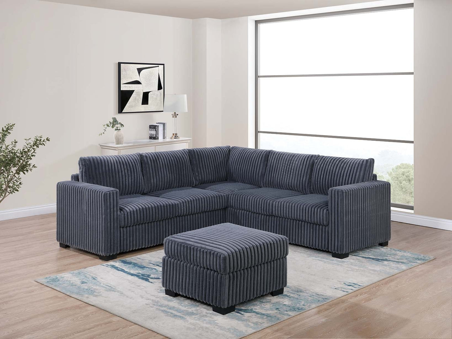 4-Piece L-Shaped Sectional with Ottoman, One-Arm Loveseat x2 & Corner Wedge, Corduroy Dark Gray