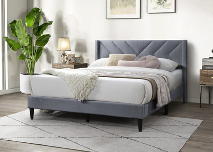 Stylish Gray Velvet Queen Bed Frame with Geometric Headboard – Modern Upholstered Design