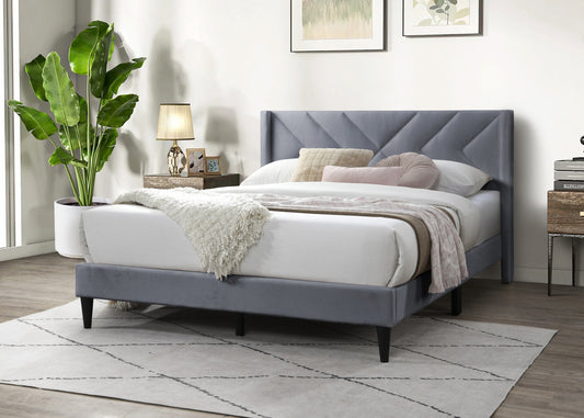 Stylish Gray Velvet Queen Bed Frame with Geometric Headboard – Modern Upholstered Design