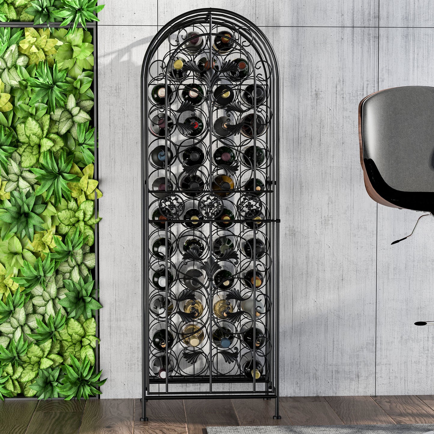Elegant Black Wrought Iron Wine Cage Rack For 45 Bottles