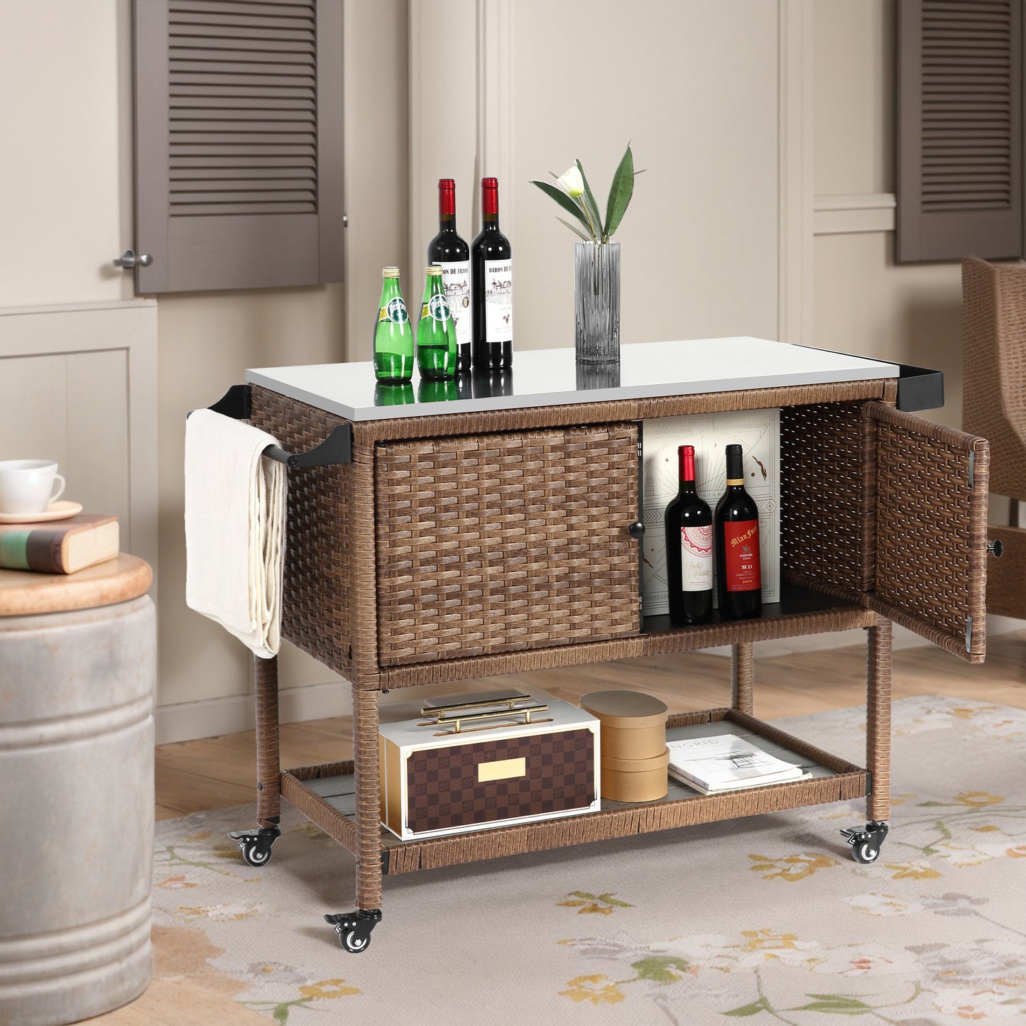 Outdoor Wicker Bar Cart With Wheels For Patio Parties Rolling Rattan Beverage Counter Table With Glass Top Brown