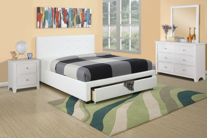 Elegant White Queen Size Bed with Faux Leather Upholstery and Under Bed Storage