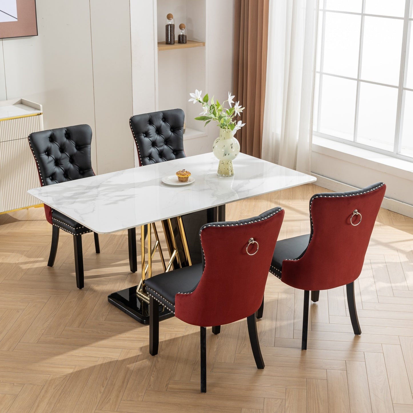 Modern Tufted Solid Wood Dining Chairs, PU & Velvet, Wood Legs, Set of 2, Black + Burgundy