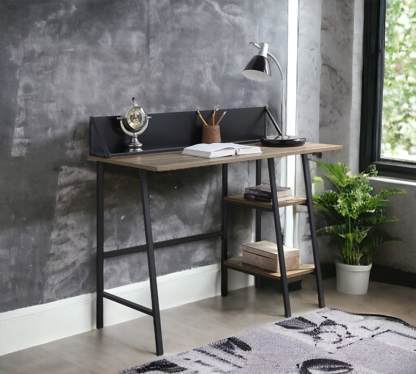 Modern Rustic Oak Writing Desk with Black Metal Legs and Storage Shelves