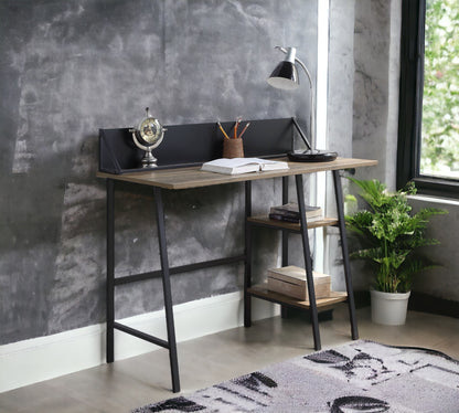 Modern Rustic Oak Writing Desk with Black Metal Legs and Storage Shelves