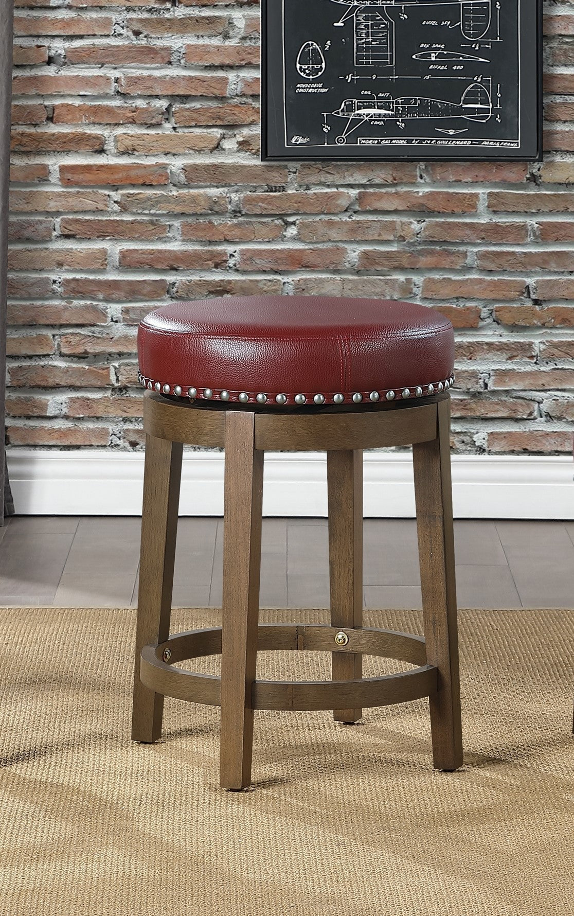 Round Swivel Counter Height Stools Set of 2, Red Faux Leather 360-degree Swivel Seat Nailhead Trim Solid Wood Frame Brown Finish Furniture