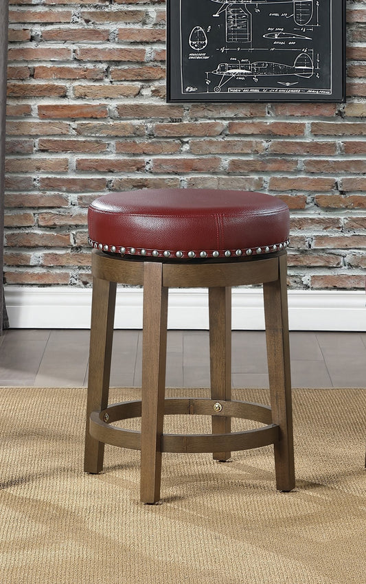 Round Swivel Counter Height Stools Set of 2, Red Faux Leather 360-degree Swivel Seat Nailhead Trim Solid Wood Frame Brown Finish Furniture