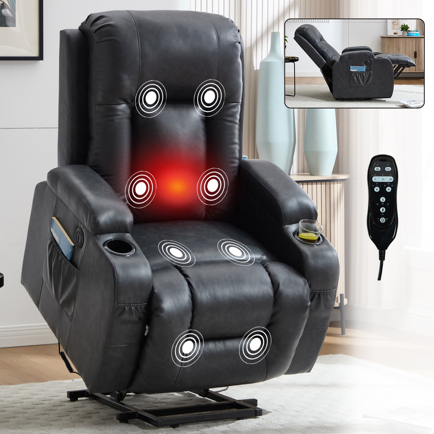 Power Lift Recliner with Massage, Lumbar Heating, USB, 350 LBS, Heavy-Duty Motion Dark Gray PU Leather