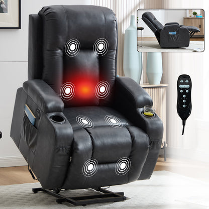 Power Lift Recliner with Massage, Lumbar Heating, USB, 350 LBS, Heavy-Duty Motion Dark Gray PU Leather