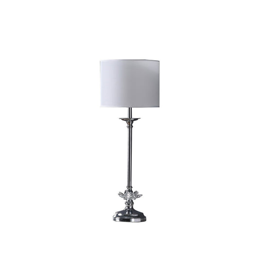 Buffet-Style Crystal Floral Table Lamp, 25.5-Inch Tall, White Drum Shade, Inline Switch, Chrome finish