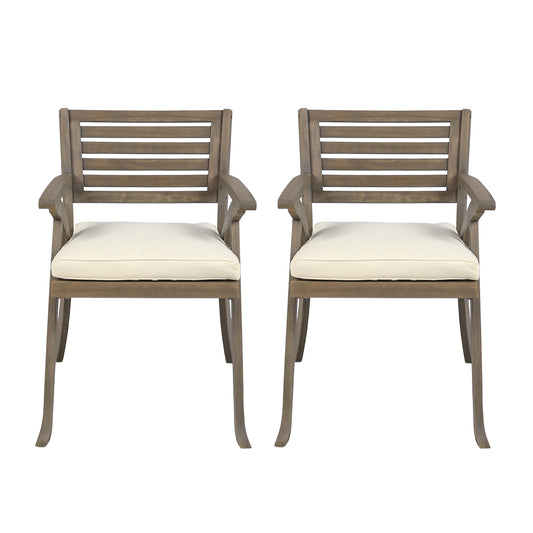 Outdoor Acacia Wood Dining Chair Set of 2 for Patio or Balcony Dining Gray and Creme