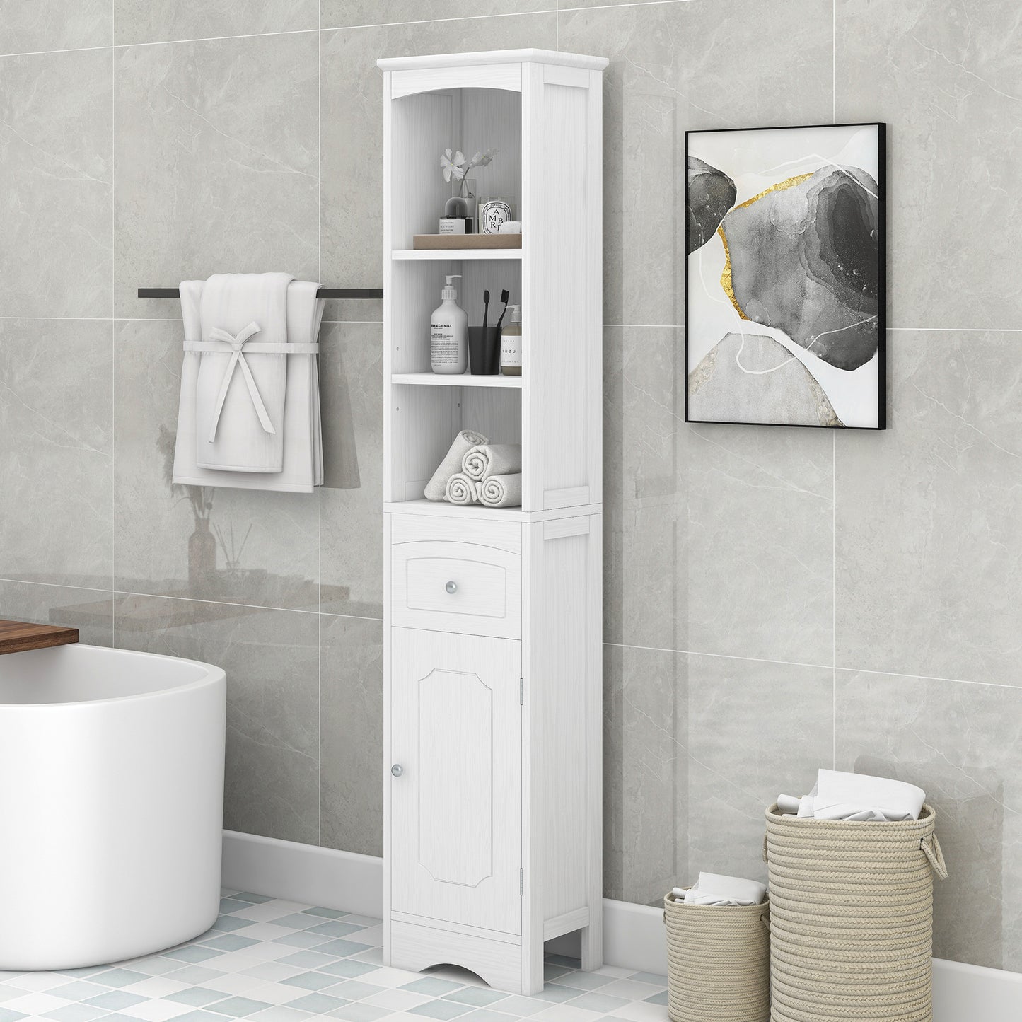 White Freestanding Tall Storage Cabinet for Bathroom with Adjustable Shelves and Drawer, MDF Construction