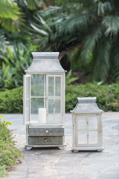 Set of Two Wooden and Metal Hurricane Lanterns for Indoor/Outdoor Decor, 36in Tall, Garden Wedding, Ivory