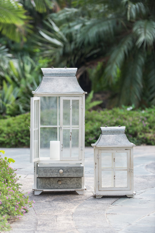 Set of Two Wooden and Metal Hurricane Lanterns for Indoor/Outdoor Decor, 36in Tall, Garden Wedding, Ivory
