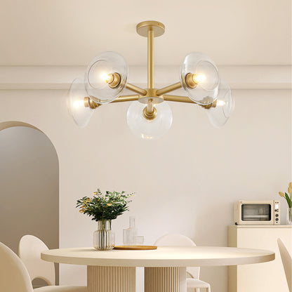 5-Light Sputnik Pendant Chandelier with Clear Glass Shades for Dining and Kitchen, Hard-Wired 120V, Gold