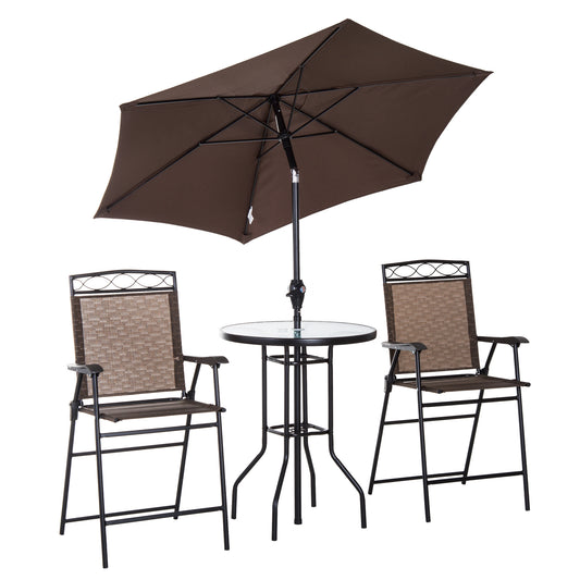 4pc Outdoor Dining Set 2 Folding Chairs, Adjustable Umbrella, Tempered Glass Table, Steel Frame Brown