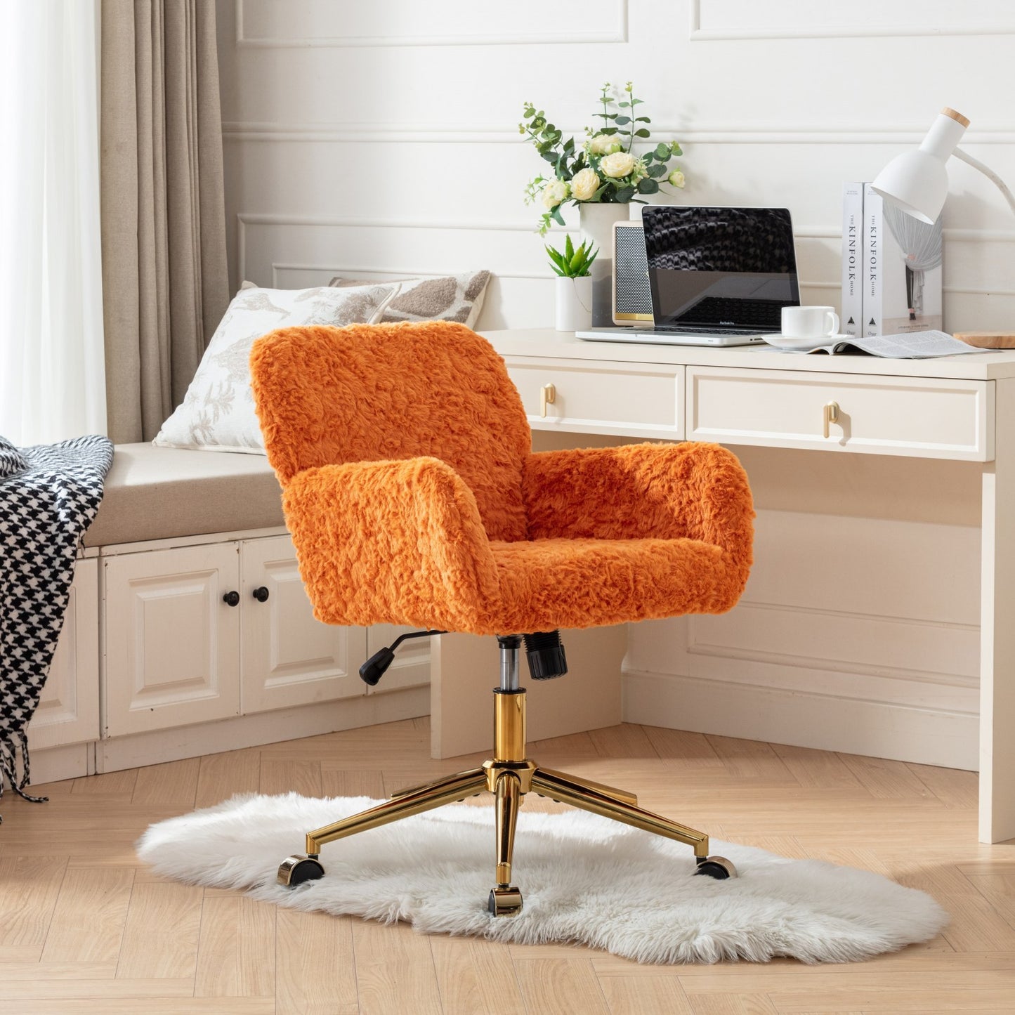 Orange Upholstered Home Office Chair with Golden Base - Adjustable Swivel Vanity Chair Featuring Artificial Rabbit Hair and Reclining Chassis