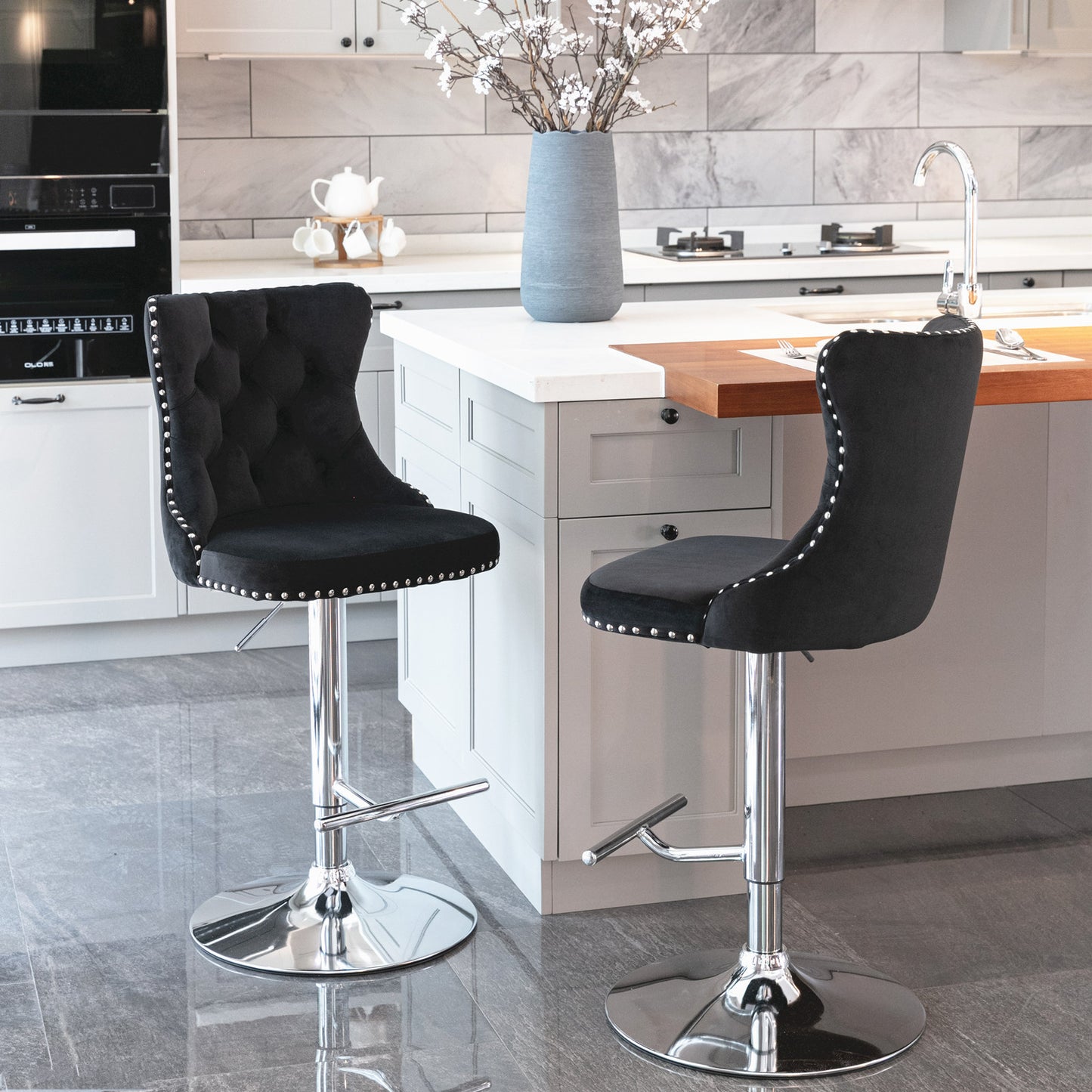 Adjustable Swivel Velvet Bar Stools Set of 2 Black Chrome