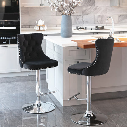 Adjustable Swivel Velvet Bar Stools Set of 2 Black Chrome