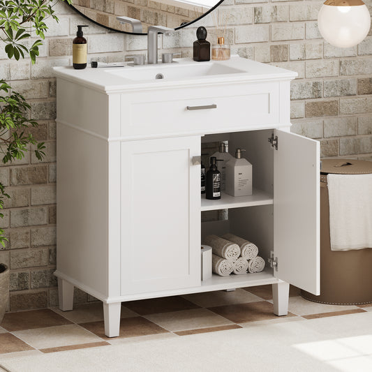 Stylish 30-Inch Bathroom Vanity with Elegant Ceramic Sink, Soft Close Doors, and Adjustable Storage Shelves