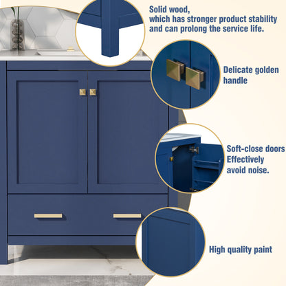 30-Inch Elegant Blue Bathroom Vanity with Ceramic Sink, Stylish Storage Cabinet Featuring Soft-Close Doors and Multifunctional Drawers