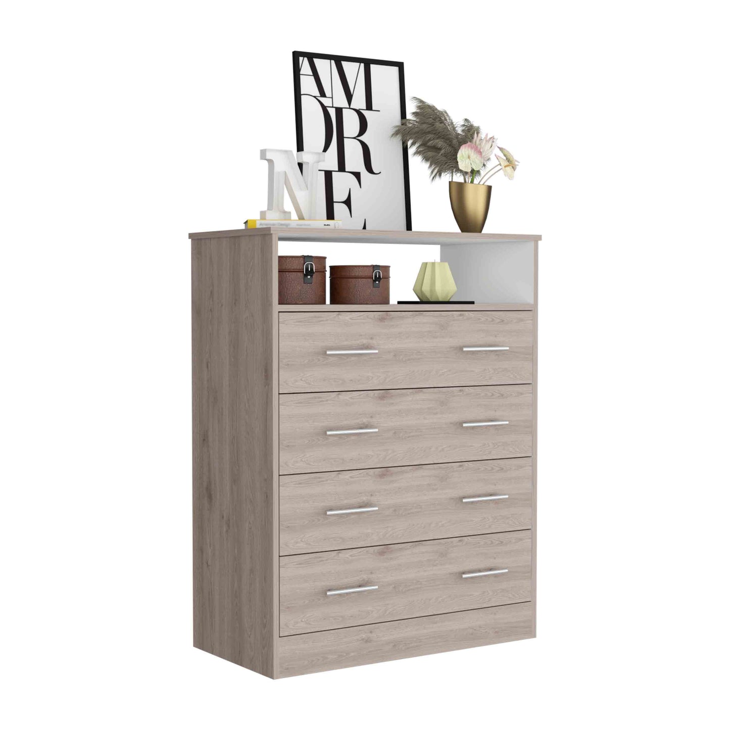 Elegant Four-Drawer Dresser with Open Shelf in Light Gray and White