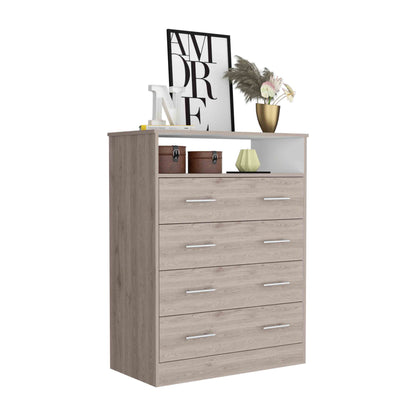 Elegant Four-Drawer Dresser with Open Shelf in Light Gray and White