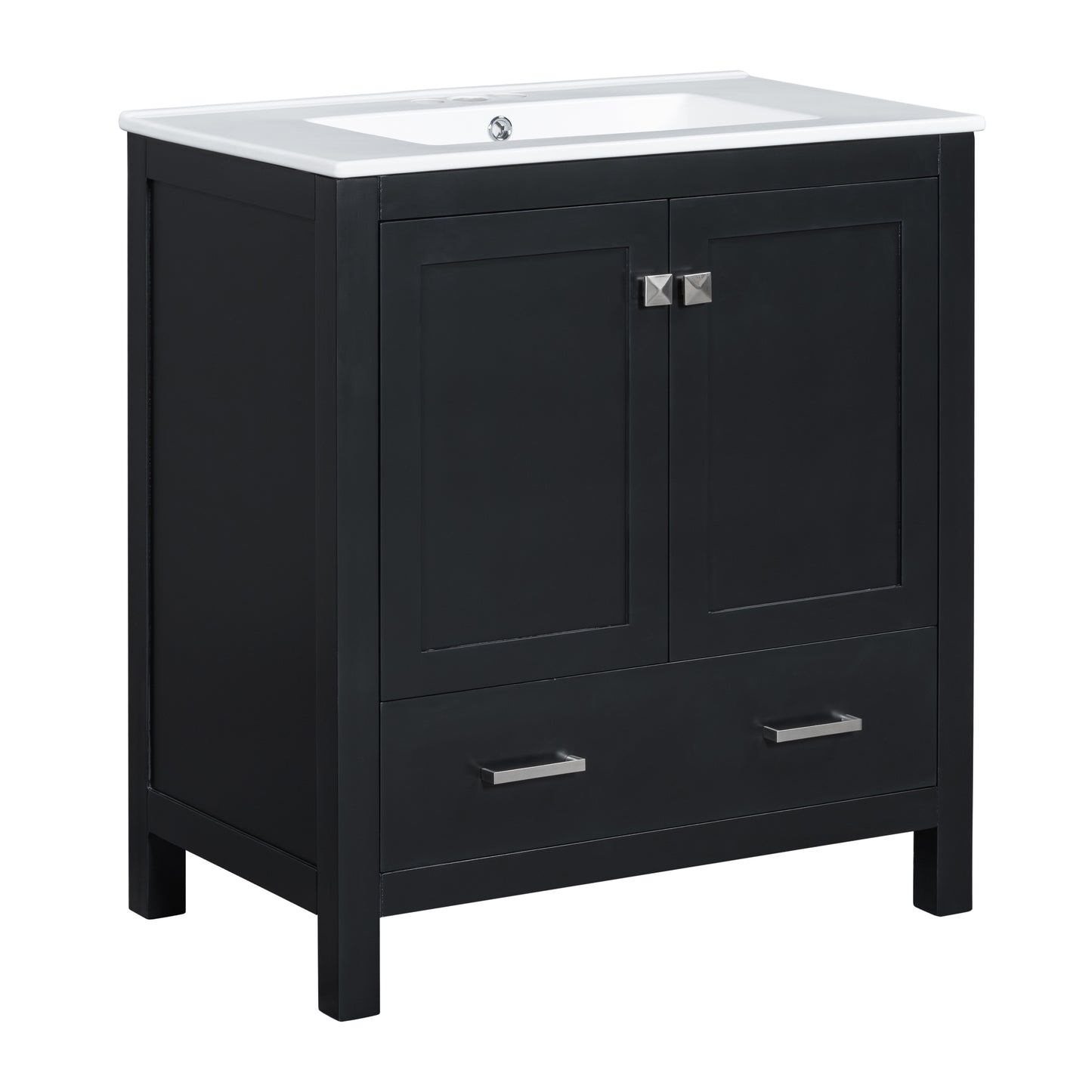 30-Inch Modern Black Bathroom Vanity with Single Sink and Soft-Close Doors, Stylish Storage Cabinet with Undermount Ceramic Basin, Durable Solid Wood Frame