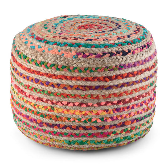 Round Fabric Pouf, 20.1-Inch Diameter, Living Room Seating Stool, Contemporary Accent, Multi Color