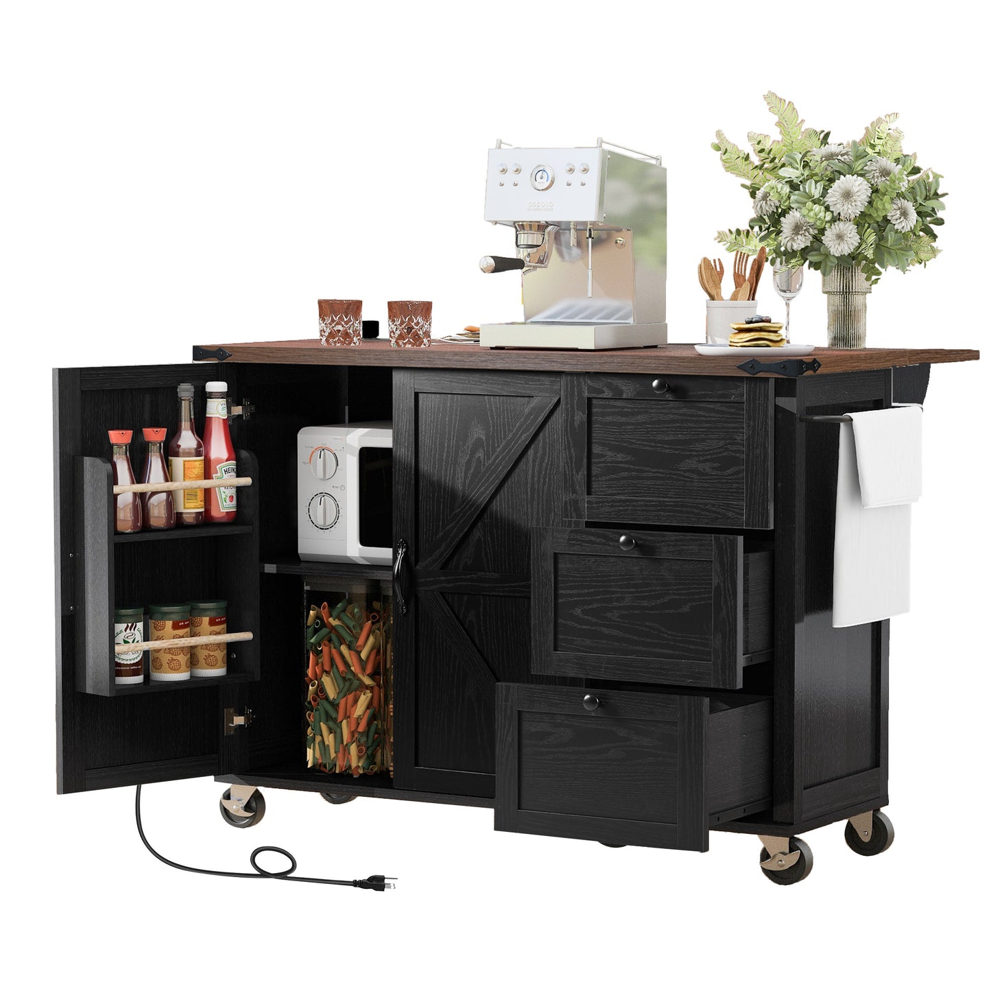 54.5" Rustic Farmhouse Kitchen Island with Power Outlet, Internal Storage, Drop Leaf, and Rolling Wheels for Home and Dining Room - Black