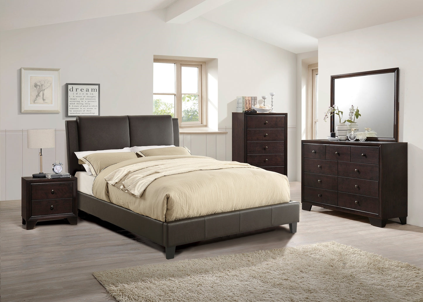 Luxurious Brown Faux Leather Queen Bed Set with Two-Panel Headboard for Modern Bedrooms