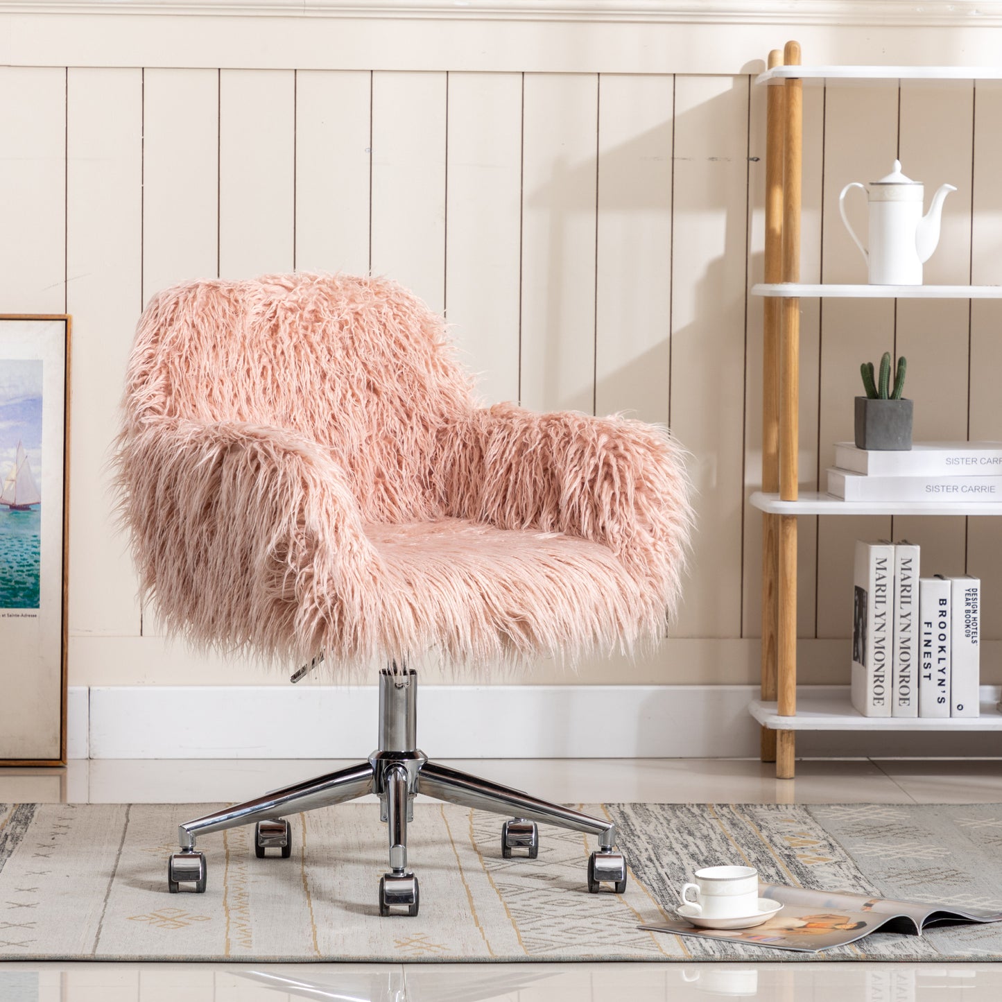 Chic Pink Faux Fur Makeup Vanity Chair with Adjustable Height and Chrome Base