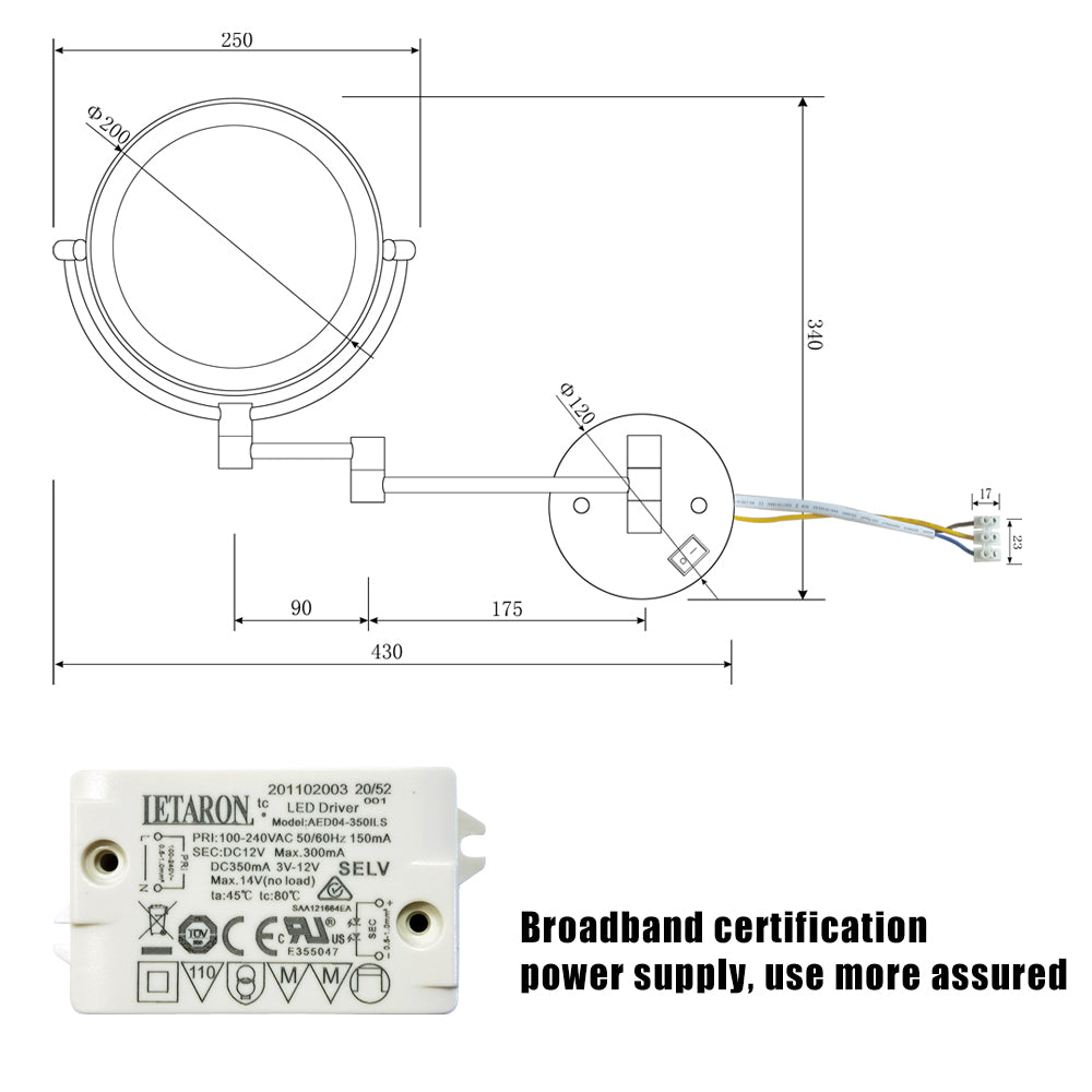 Dual-Sided 8-Inch LED Magnifying Vanity Mirror with 12-Inch Chrome Extension and 360-Degree Rotation