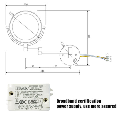 Dual-Sided 8-Inch LED Magnifying Vanity Mirror with 12-Inch Chrome Extension and 360-Degree Rotation