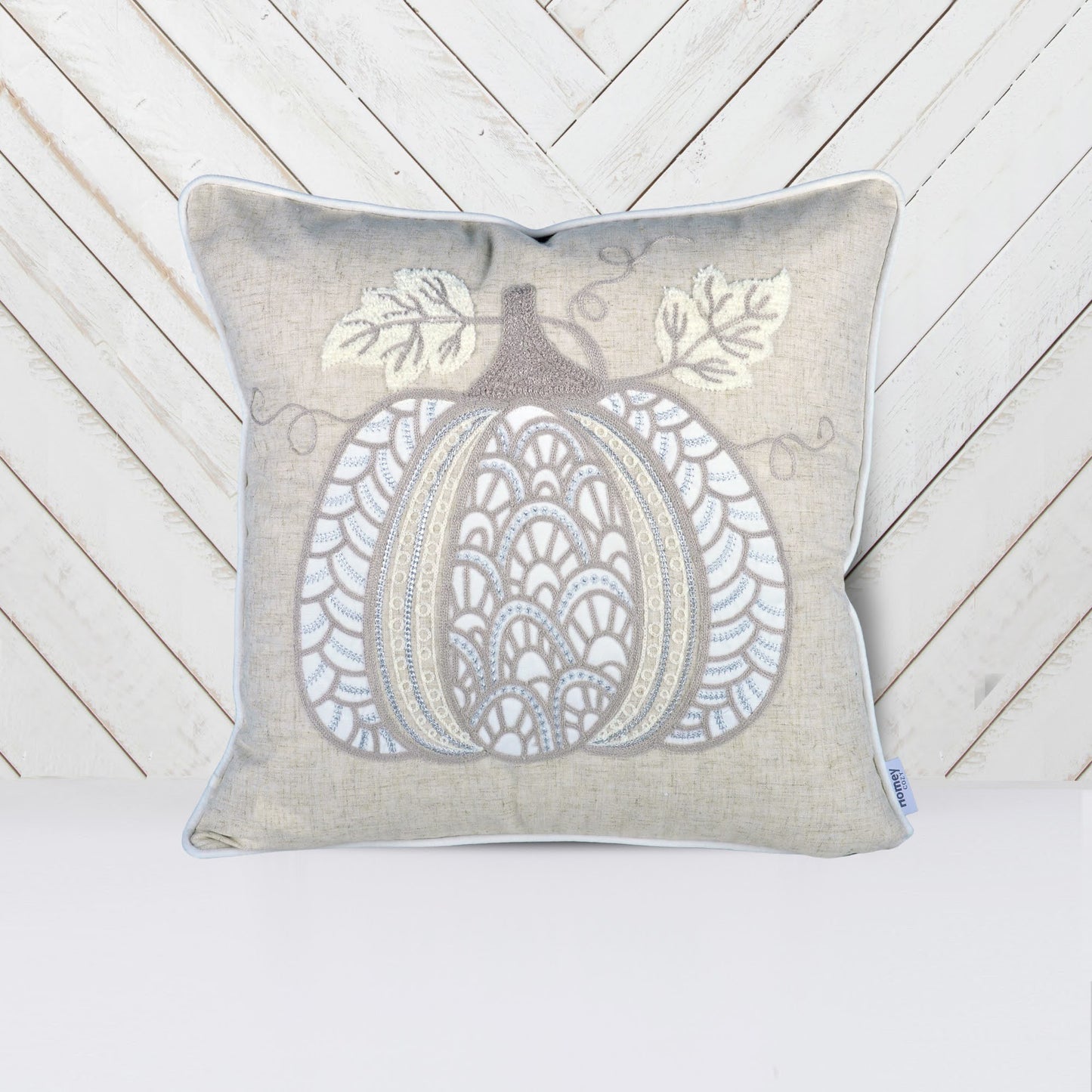 20x20 Inch Linen-Blend Throw Pillow with Lace-Embroidered Pumpkin for Fall Decor Taupe Ivory Accents