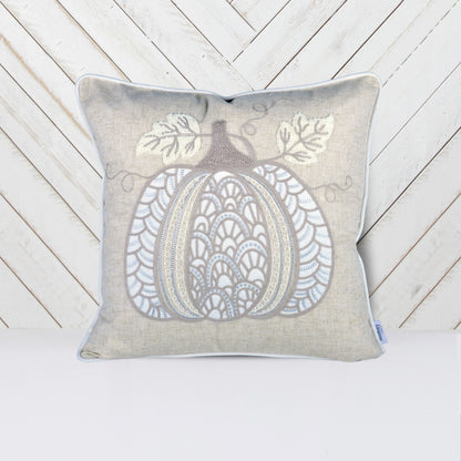 20x20 Inch Linen-Blend Throw Pillow with Lace-Embroidered Pumpkin for Fall Decor Taupe Ivory Accents